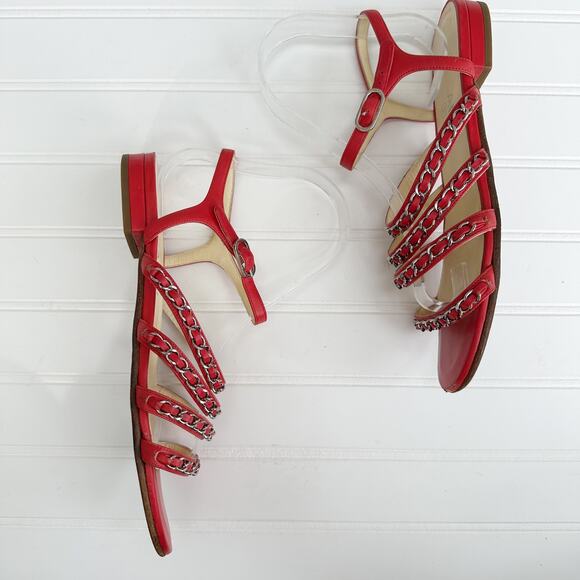 Chanel Red Leather CC Chain Sandals Four Strap Ankle Gladiator 38 - Picture 12 of 14